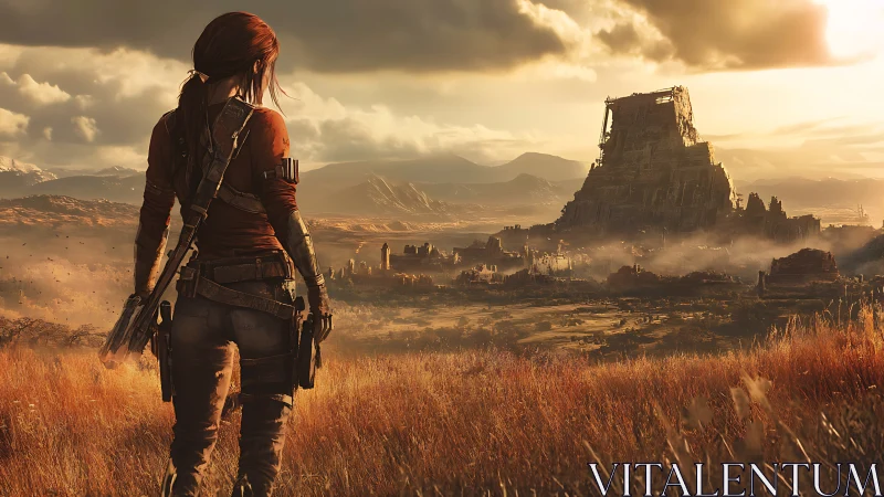 Heavily armed explorer surveys ruined monolithic fortress at sunset