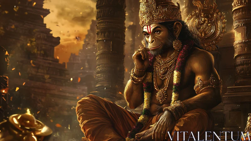 Digital painting of regal simian deity in golden temple interior.