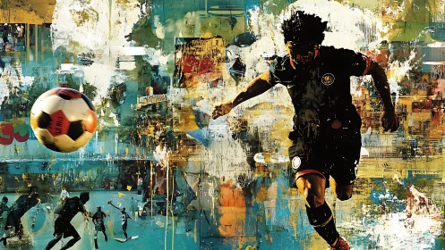 Soccer player strikes ball through energetic abstract city field