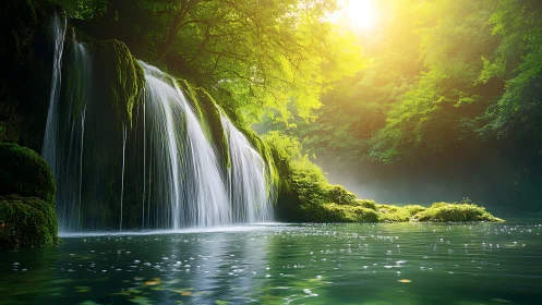 Sunlit cascade with volumetric mist over mossed rock ledges