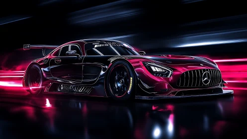 Mercedes race car in neon tunnel with intense motion blur.