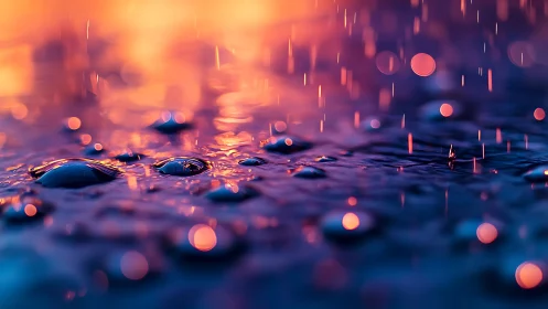 Macro capture of raindrops on wet surface with bokeh light.