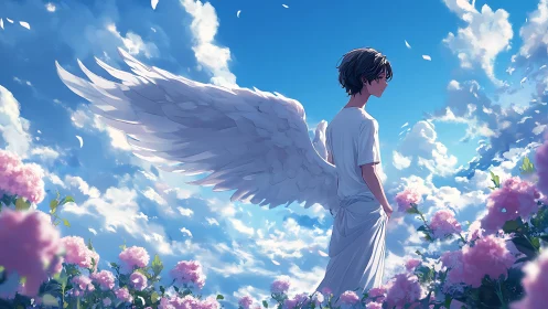 Winged figure standing in flower field under clouded sky.