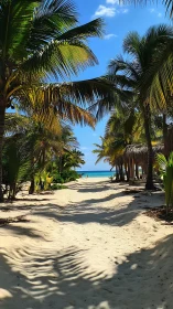 Tropical beach pathway lined with palm trees and turquoise water