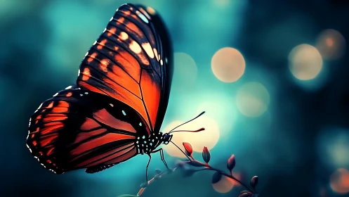 Butterfly on branch against defocused circular light field.