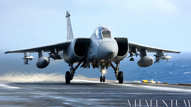 Carrier-based strike fighter touching down on flight deck.
