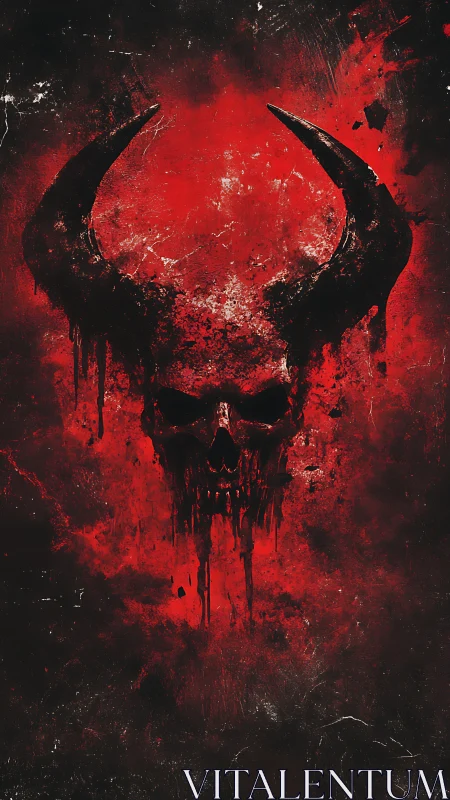 Crimson horned skull rising from splattered infernal void.