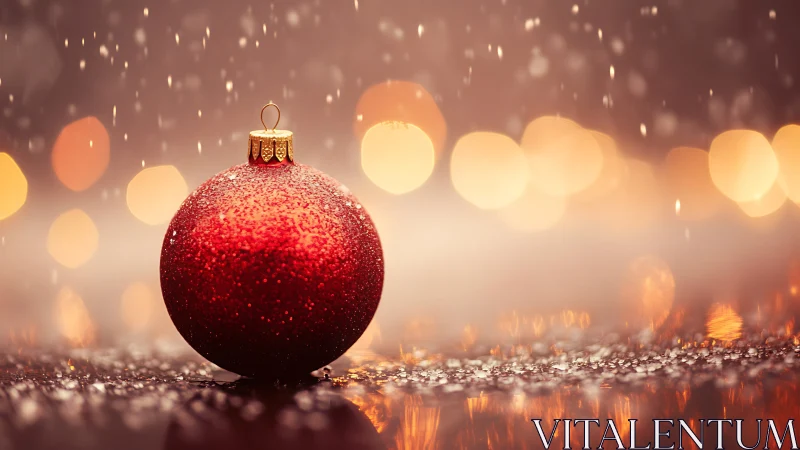 Red ornament rests on reflective wet surface under soft bokeh