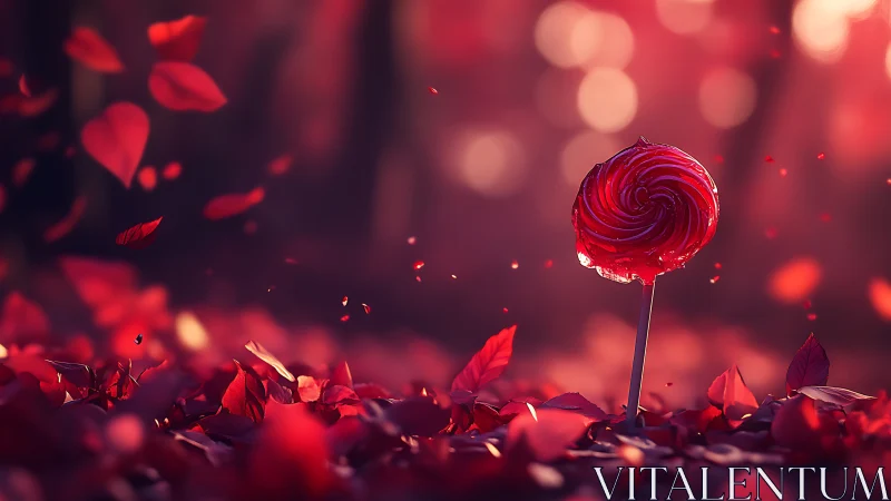 Red lollipop surrounded by petals and bokeh lights.