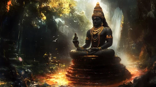 Serene black stone deity statue in glowing forest shrine.