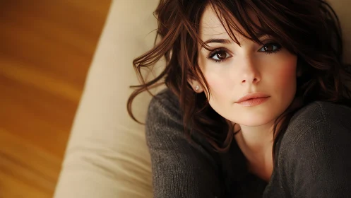 Soft-lit close-up portrait with expressive brown eyes.