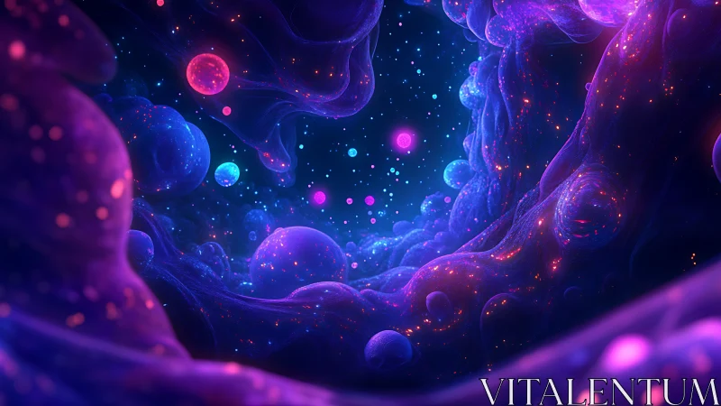 Cosmic bubbles float through glowing purple nebula tunnels