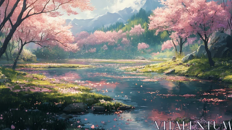 Serene mountain river with blooming pink cherry trees in spring