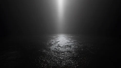 Vertical light beam illuminating dark reflective water surface.