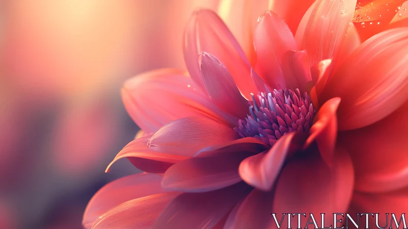 Macro photograph of coral-pink dahlia with layered petals and warm sunlight