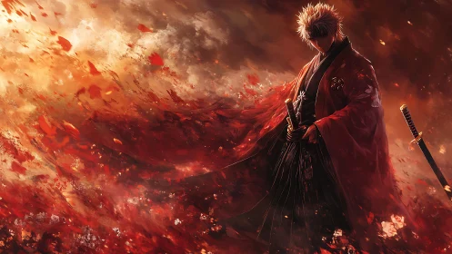 Blindfolded samurai in red kimono stands amid turbulent ember storm