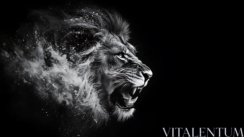 Monochrome lion roar dissolves into abstract smoke burst.