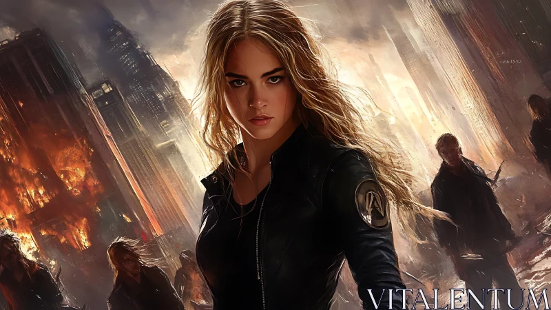 Determined blonde warrior in burning futuristic cityscape.