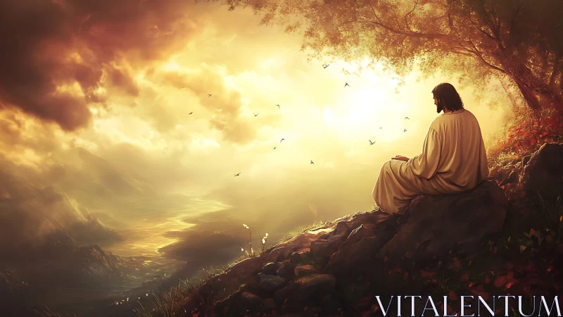 Solitary robed figure contemplates radiant valley sunrise