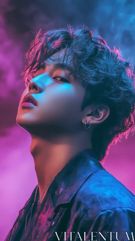 Neon-lit portrait captures cool gaze in vivid gradients.