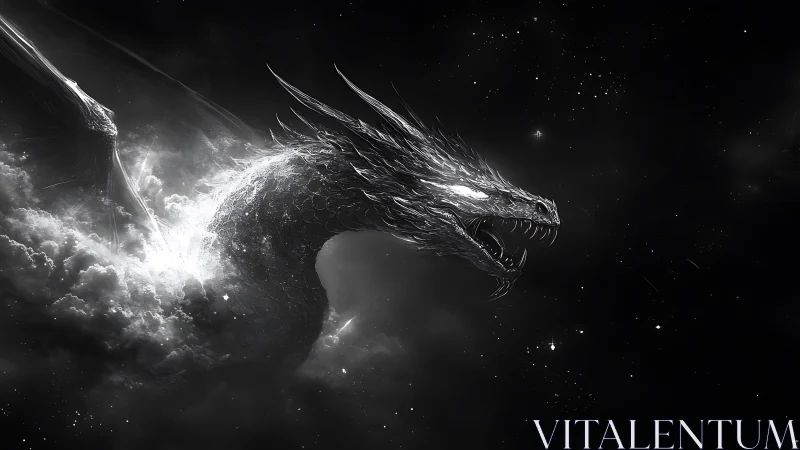 Monochrome cosmic dragon emerges from nebular cloud mass with luminous scales