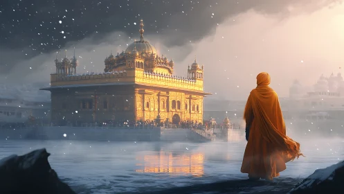 Golden temple at dusk rendered in atmospheric digital painting