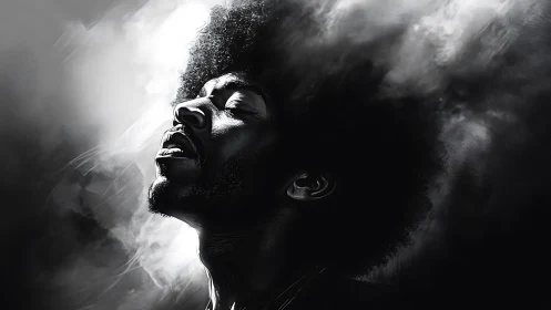 Monochrome side profile isolates a face amid diffused smoke