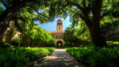 Symmetrical campus courtyard under dense arboreal canopy.