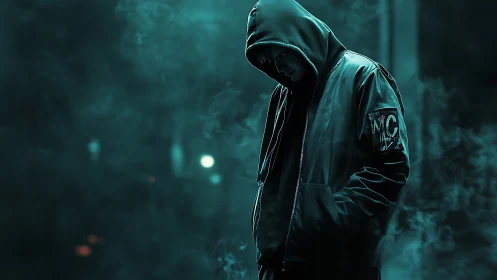 Hooded figure in teal fog within dim urban night scene.