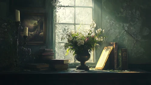 Window-lit floral still life with illuminated antique folio.