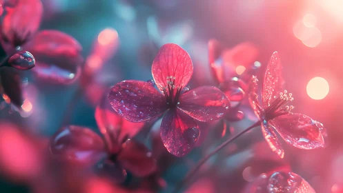 Pink macro blossoms with water droplets in soft light.