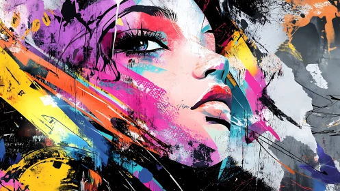 Vivid neon portrait erupts through dynamic graffiti strokes.