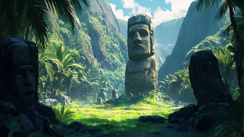 Stone head statues in dense tropical valley at midday.