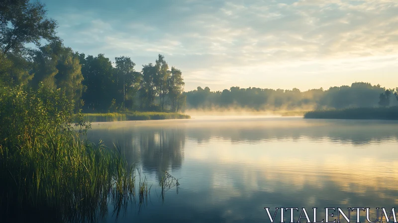 Serene misty lake at sunrise with soft golden reflections.