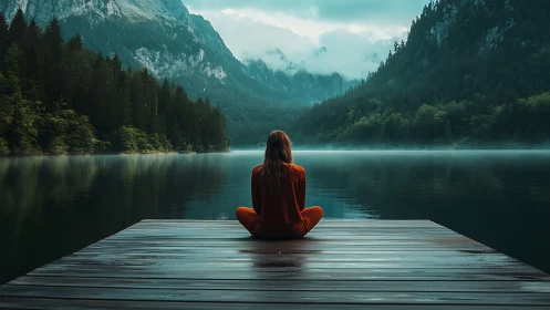 Solitary dockside dreamer in mist-draped mountain stillness.