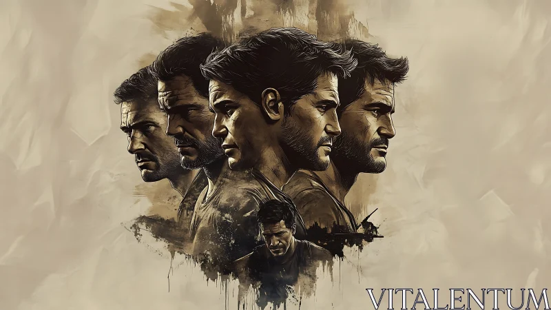 Multiple male portraits in layered digital illustration study.