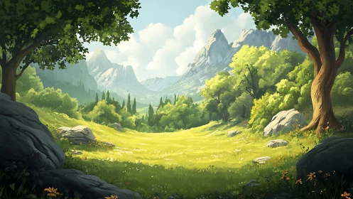 Mountainous valley landscape rendered with digital painting technique