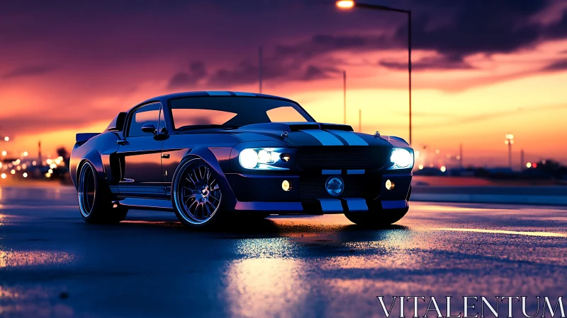 Midnight muscle car prowling neon-soaked sunset streets.