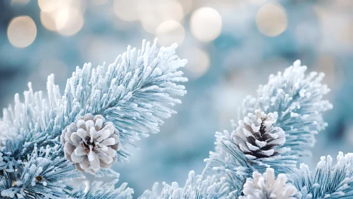 Frost-kissed pine cones bask in dreamy winter bokeh glow.