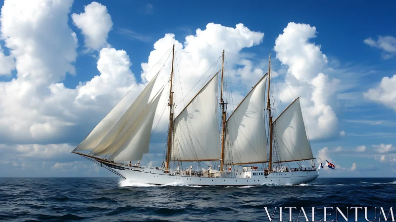 Cloud-kissed tall ship carving blue horizons with bright sails.