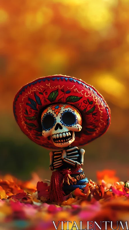 Colorful skeleton figurine with sombrero on petals.