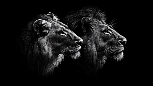 Twin Lions in Profile Against Darkness.