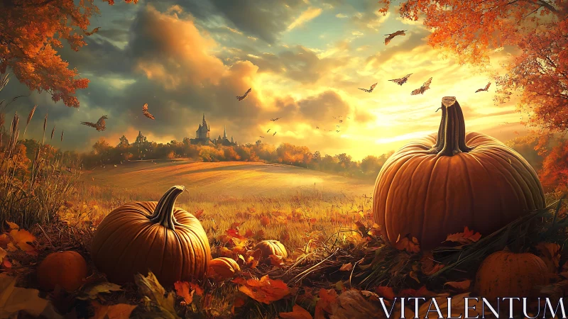 Majestic pumpkins rest beneath a glowing autumn sunset.