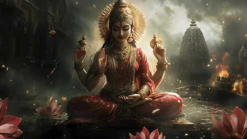 Digital rendering depicts seated goddess figure in temple scene