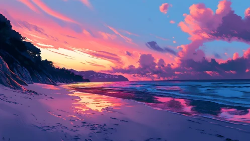Vibrant sunset washes a quiet digital shoreline in neon hues