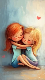 Two Women Embracing in Tender Moment with Heart Symbols.