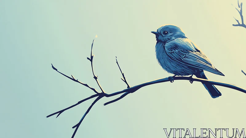 Blue Songbird on Bare Branch, Minimalist Digital Art Illustration.