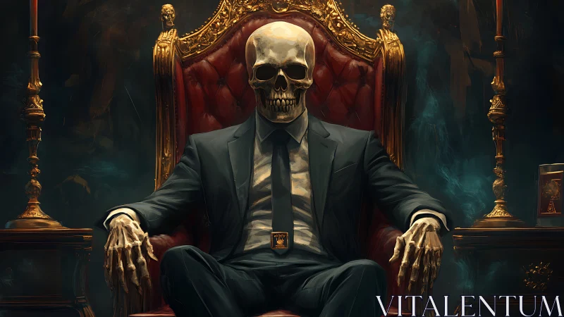 Skeleton in suit seated on ornate red and gold throne.
