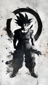 Silhouetted anime warrior stands before bold ink circle