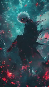 Anime dark sorcerer in fragmented infernal vortex composition.